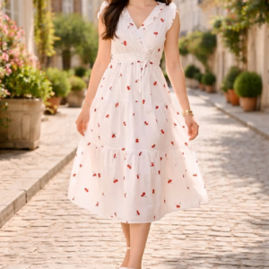 White Cherry Print Midi Dress