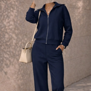 Sophisticated Navy Blue 2-Piece Wide-Leg Lounge Set for Women