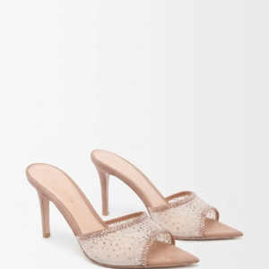 Nude Mesh Embellished Heeled Mules