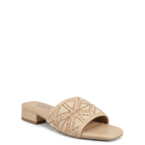 Beige Woven Strap Low Block Heels