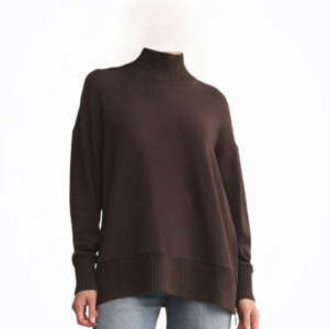 Cozy Brown High-Neck Sweater with Light Blue Jeans