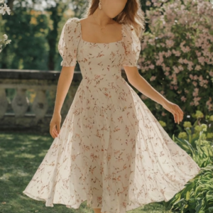 Romantic Floral Puff-Sleeve Midi Dress