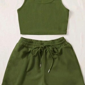 Casual Olive Green 2-Piece Ribbed Lounge Set for Women