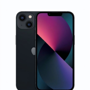 Official Apple iPhone 13 in Midnight Black, showcasing the front screen and dual-camera back design.