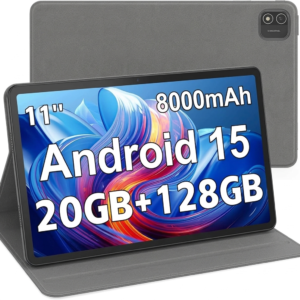 High-performance 11-inch Android 15 tablet in a grey protective stand case, highlighting powerful core specifications.