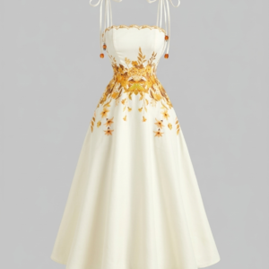Floral Embroidery Tie-Strap Midi Dress