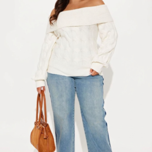 Ivory Off-Shoulder Cable Knit Sweater