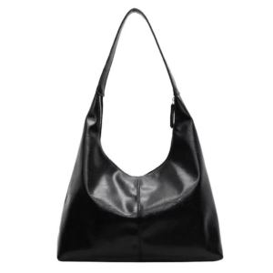 Minimalist Glossy Black Vegan Leather Hobo Bag